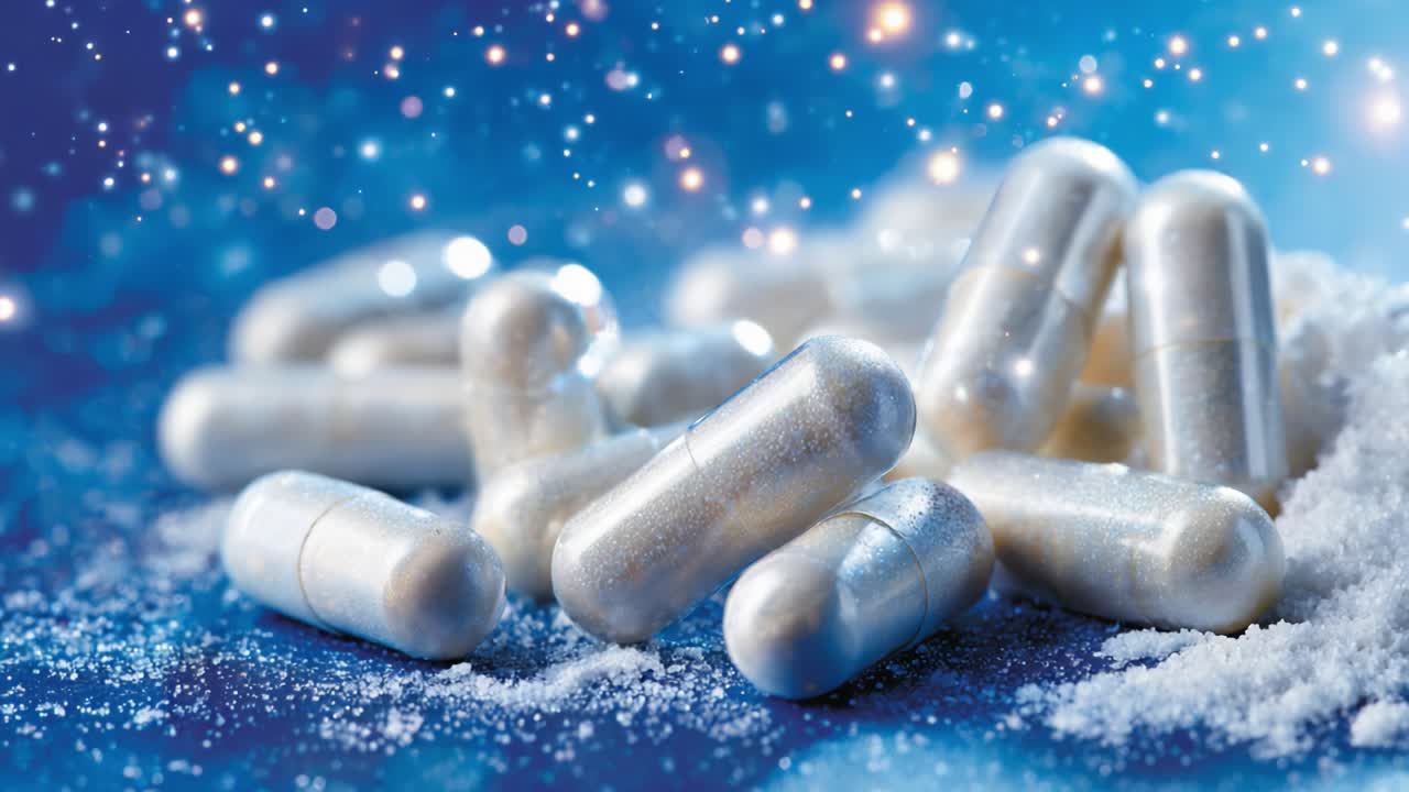 A Close-Up View of Shimmering Capsules and Powder on a Vibrant Blue Background, Highlighting the Intricacies of Modern Nutritional Supplements and Their Aesthetic Appeal
