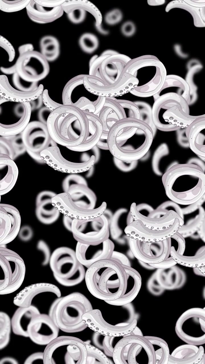 Looped vertical animation of white octopus tentacles raining downward against deep black background