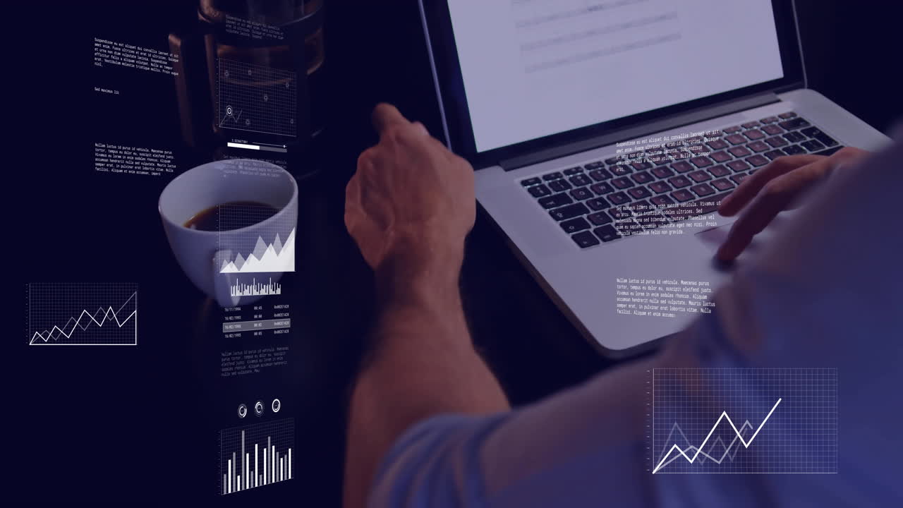 Animation of digital data processing over african american woman using laptop