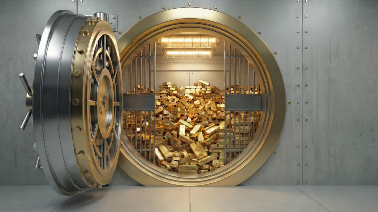 Secure underground chamber filled with glittering gold and financial wealth