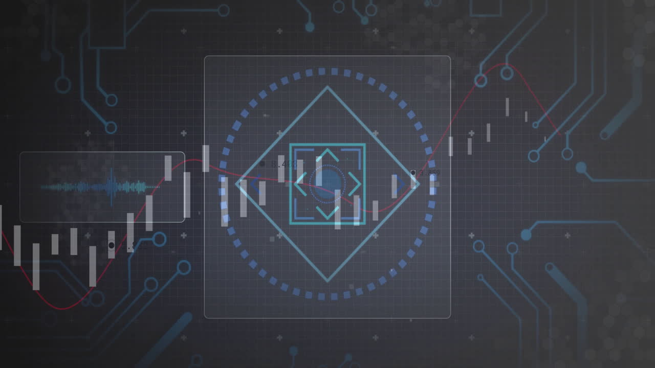 Blue diamond HUD moving across grid, featuring candlestick bars and weaving red trend line