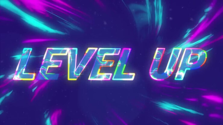 Animation af 'level op'-tekst over blå og lilla lys og på blå baggrund
