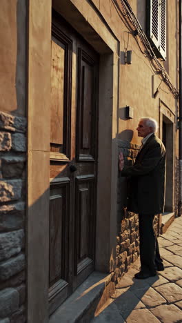 elderly man by a historic wooden door on a sunlit street