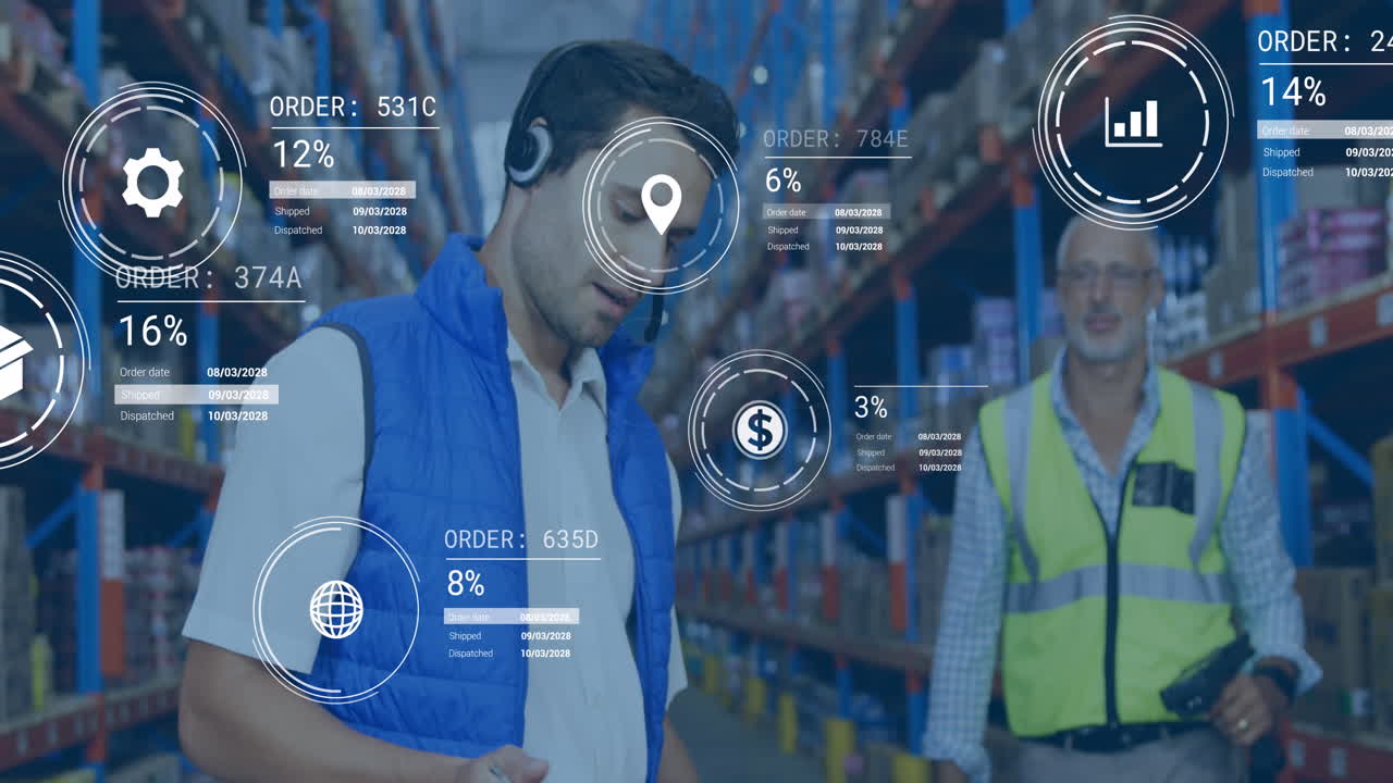 animación de procesamiento de datos sobre dos supervisores masculinos caucásicos discutiendo en el almacén