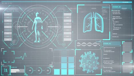 animation of the human body analyzed on a screen, lungs and heart beat analyzed, medical information