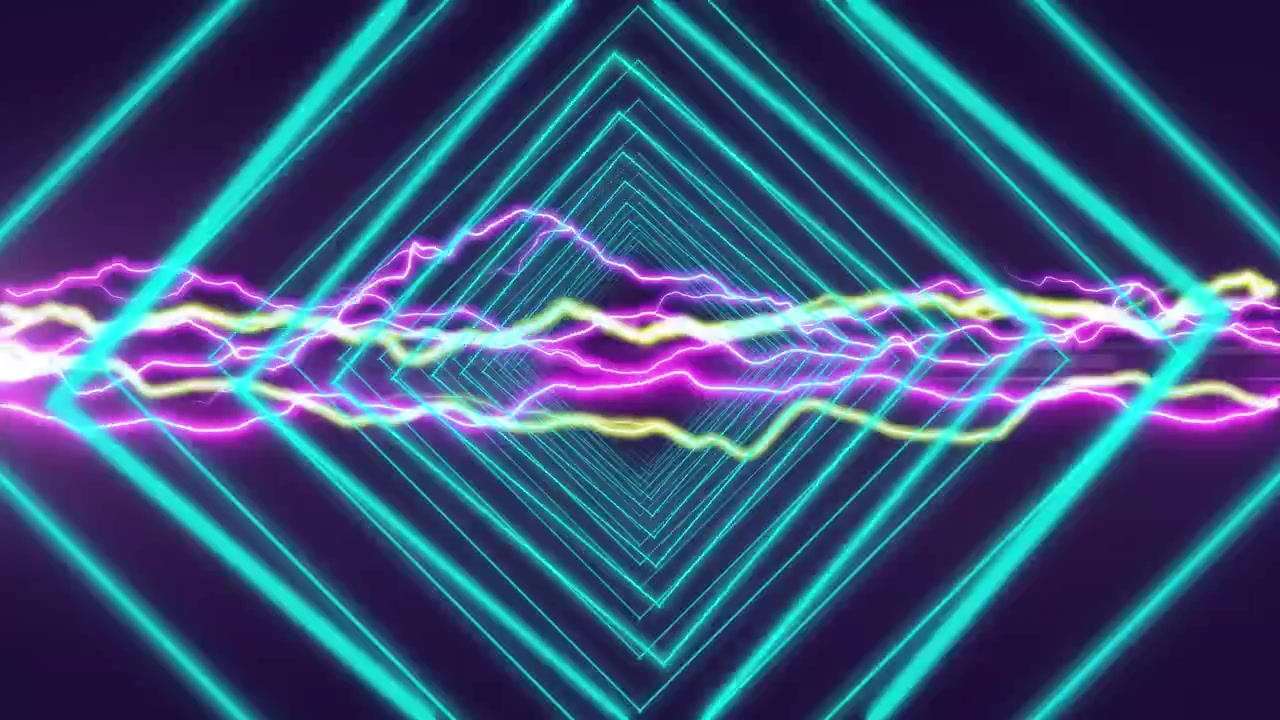Animação de energia colorida em movimento sobre formas geométricas