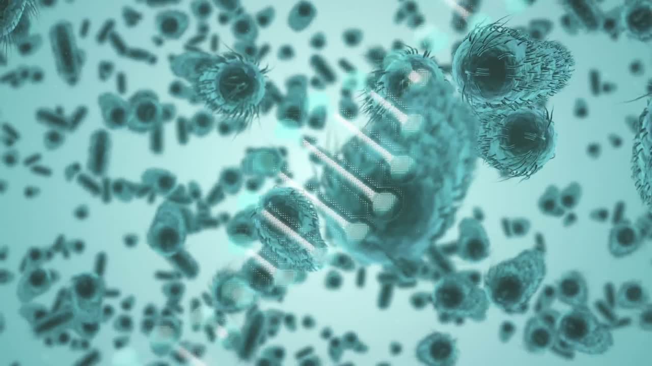 animación de la cadena de adn girando sobre las células de covid 19 flotando