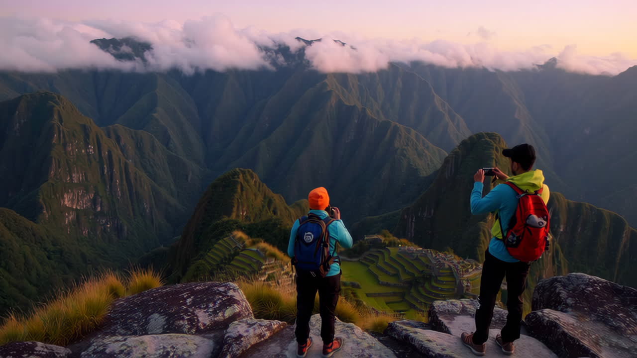 Two Hikers Marvel at Machu Picchu Sunrise