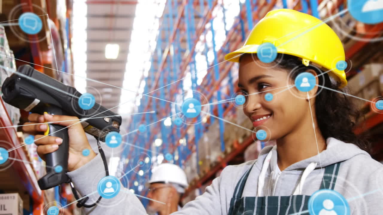 animación de redes de conexiones con iconos sobre la mujer que trabaja en el almacén