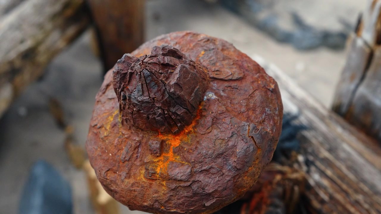 Macro di un bullone metallico arrugginito su legno bruciato e carbonizzato. Primo piano estremo di un elemento di fissaggio in ferro arrugginito e fortemente ossidato su legname nero bruciato dopo un incendio.