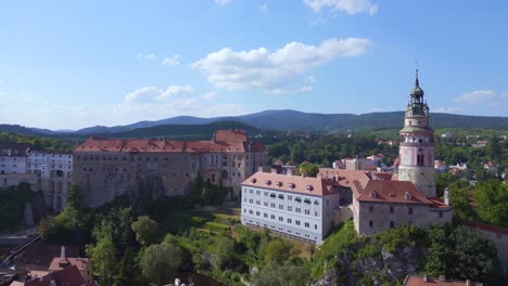 lovely aerial top view flight krumlov castle tower cesky castle on the hill castlein in czech republic in europe, summer of 2023