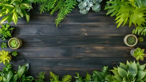 dark wooden background framed by green plants and succulents