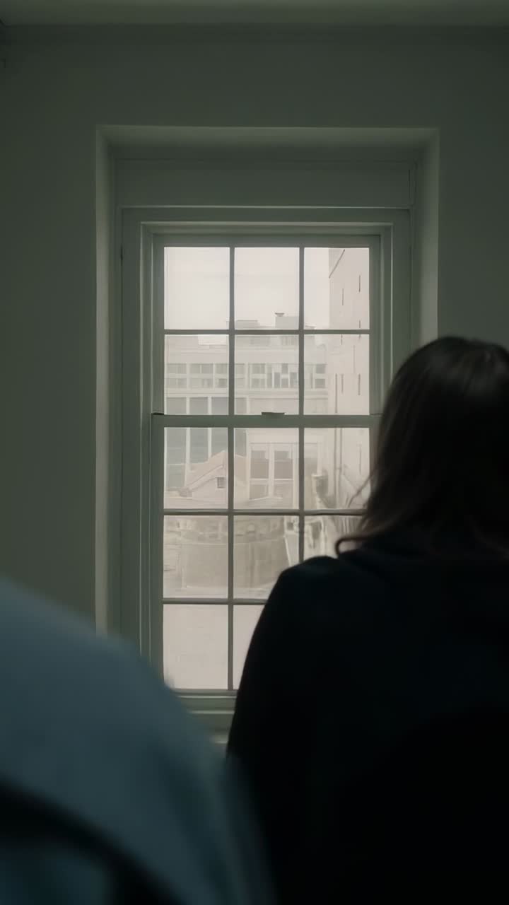Video verticale: Luce che delinea una donna in giacca che si avvicina a una finestra in una stanza, osservando fuori, spazio per il testo