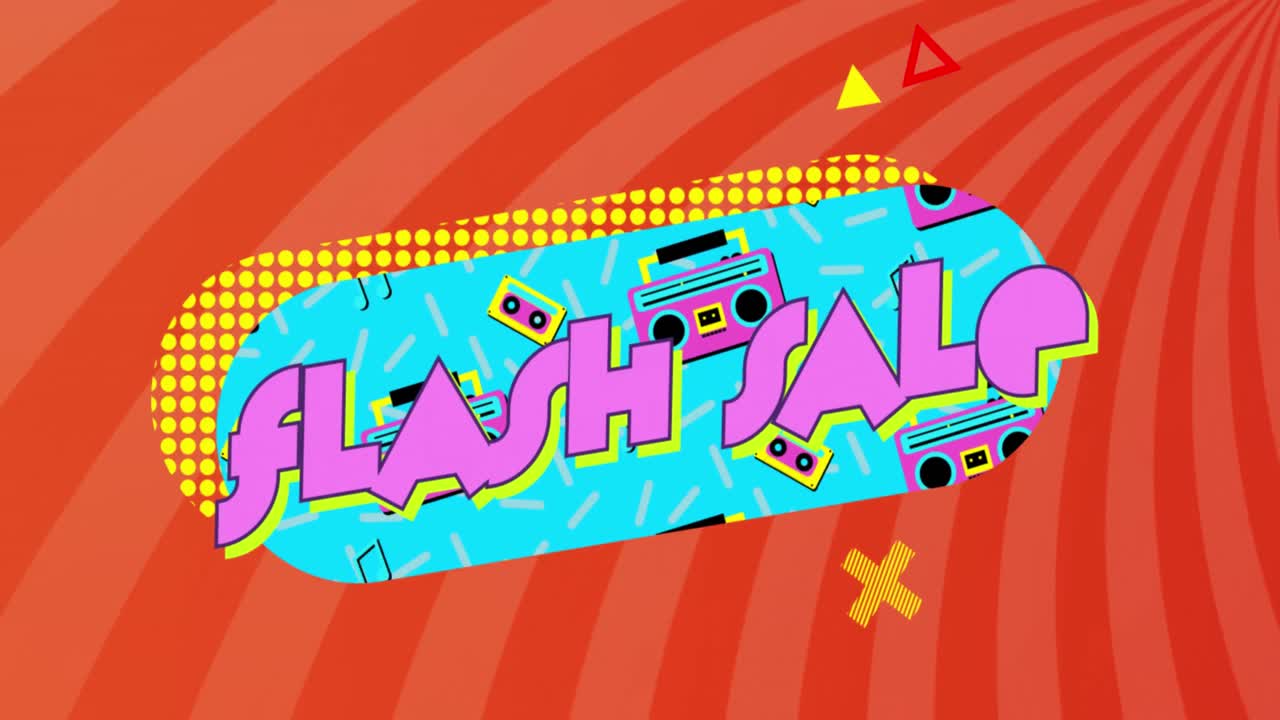 레트로 진동하는 패턴 배경에 플래시 판매 텍스트의 애니메이션