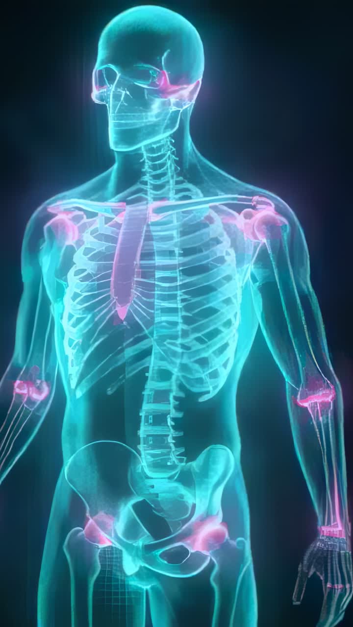 Vertical video: Lifting head, skeleton rotating in studio, showing cyan bones and pink joints