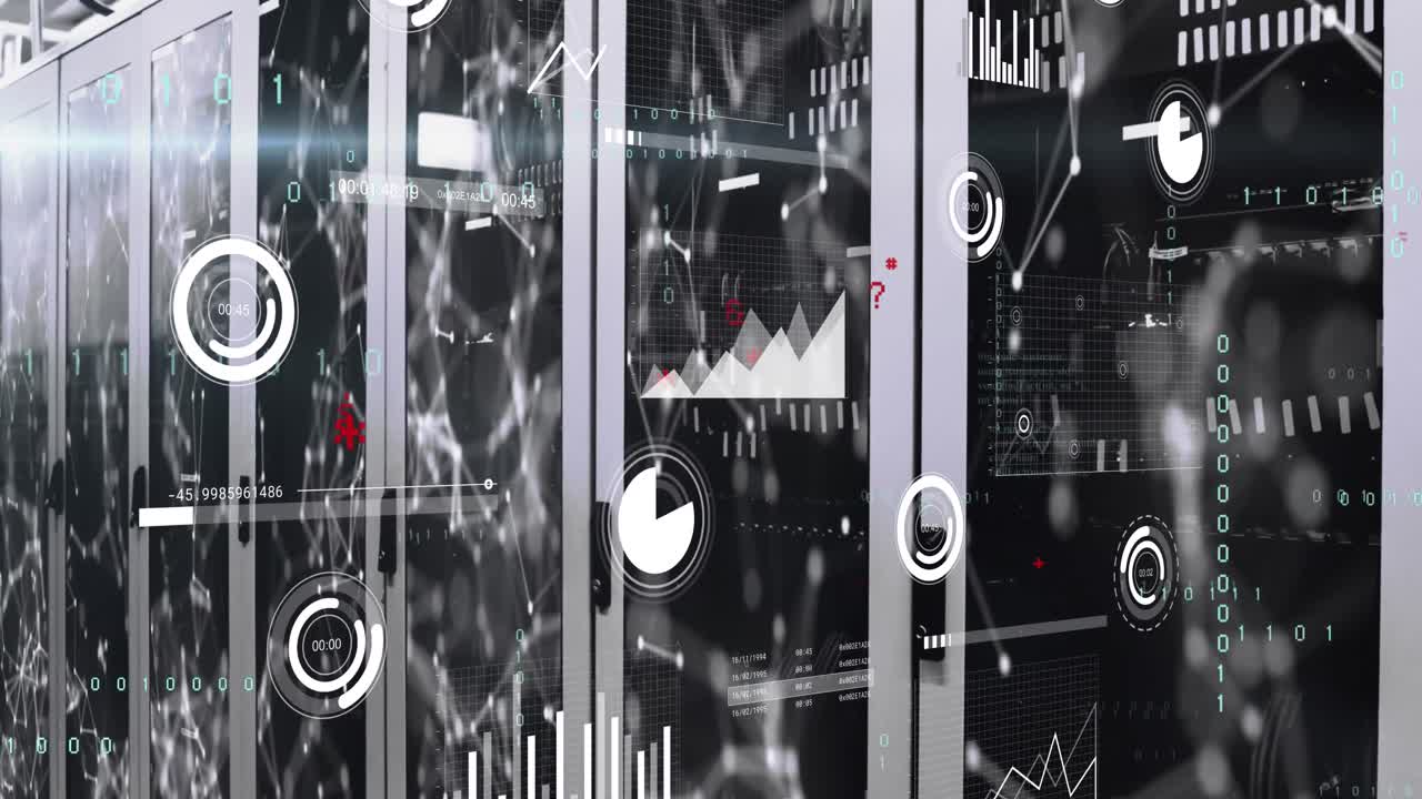 animación del procesamiento de datos y la red de conexiones contra la sala de servidores de computadoras