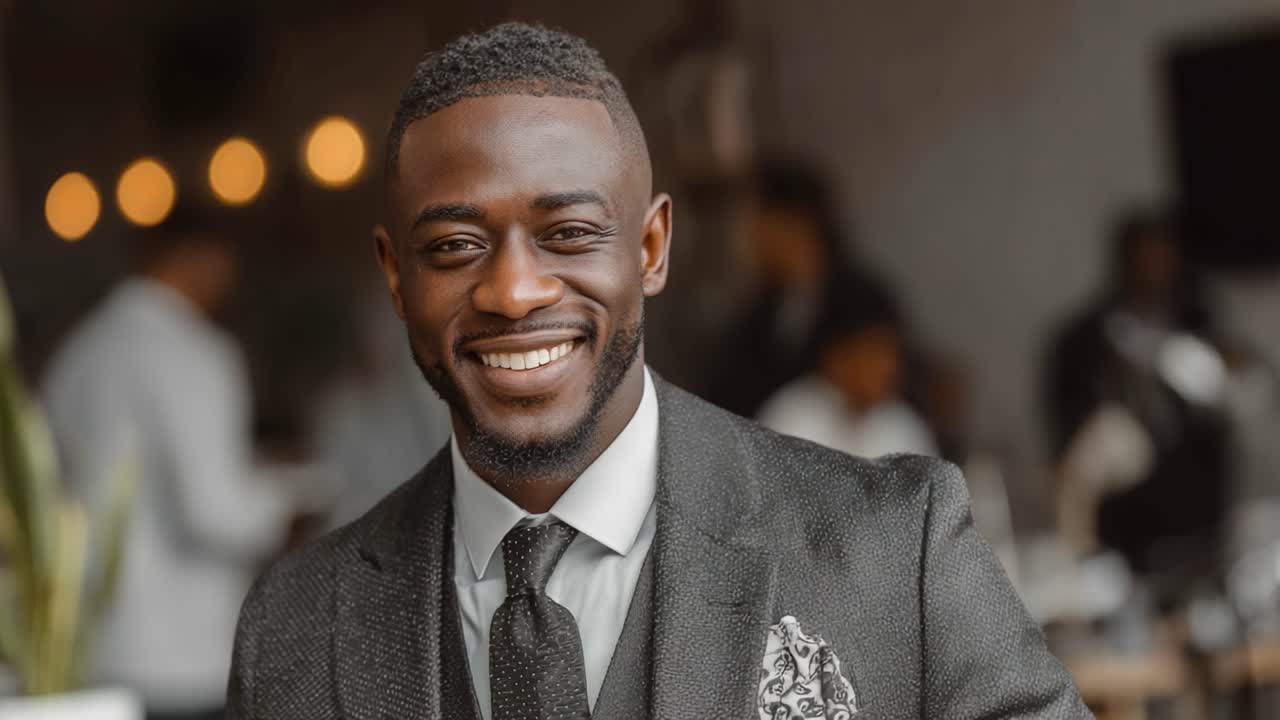 A Confident Young Man Smiling Brightly in a Modern Indoor Setting, Dressed Elegantly in a Suit with Stylish Details, Exuding Charisma and Approachability