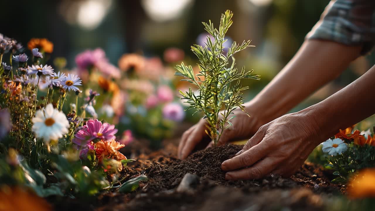 Nurturing Life: A Gardener's Hands Cultivating a Young Plant Amidst a Vibrant Floral Landscape at Golden Hour, Symbolizing Growth and Connection with Nature
