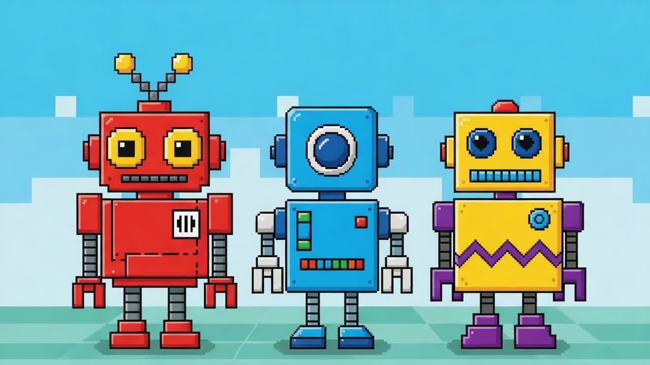 A Fantastic Gathering of Colorful Retro Robot Characters in a Bright Digital Landscape Featuring Playful Designs and Distinct Personalities