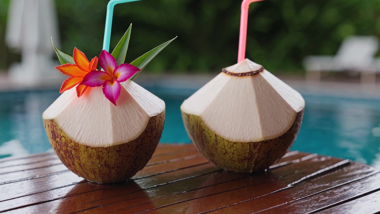 Tropical Coconut Drinks on a Wooden Table by the Pool
