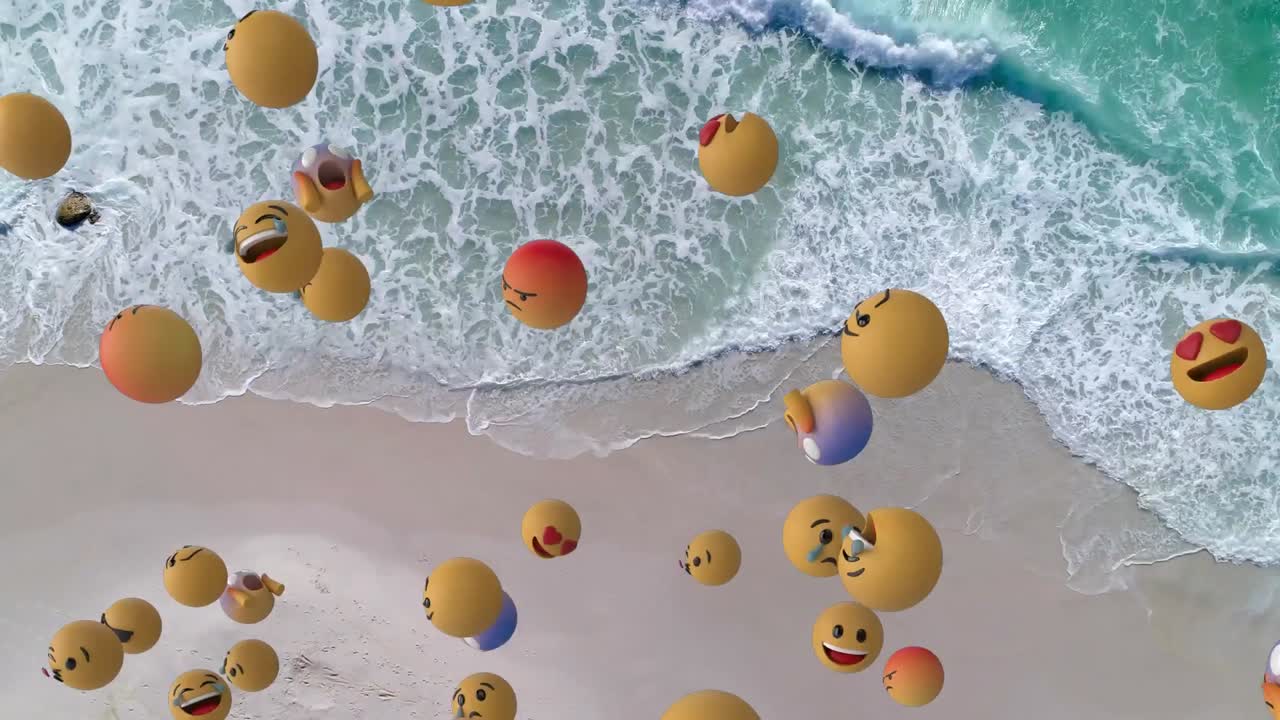 Digital composition of multiple face emojis floating against aerial view of the beach