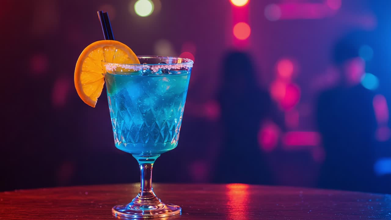 Un cóctel azul refrescante con cítricos, servido en una copa elegante, perfecto para discotecas o reuniones sociales, iluminado por luces coloridas y vibrantes