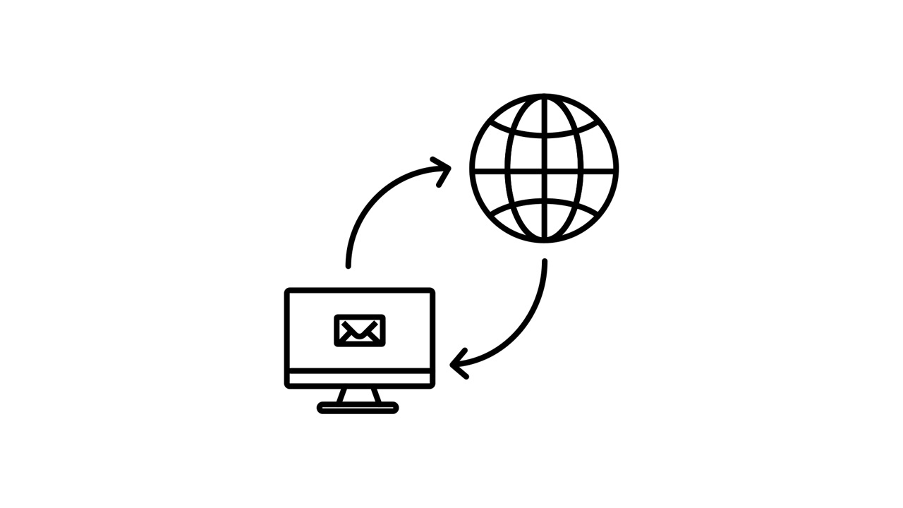 Icona animata di computer e globo con scambio di dati.
