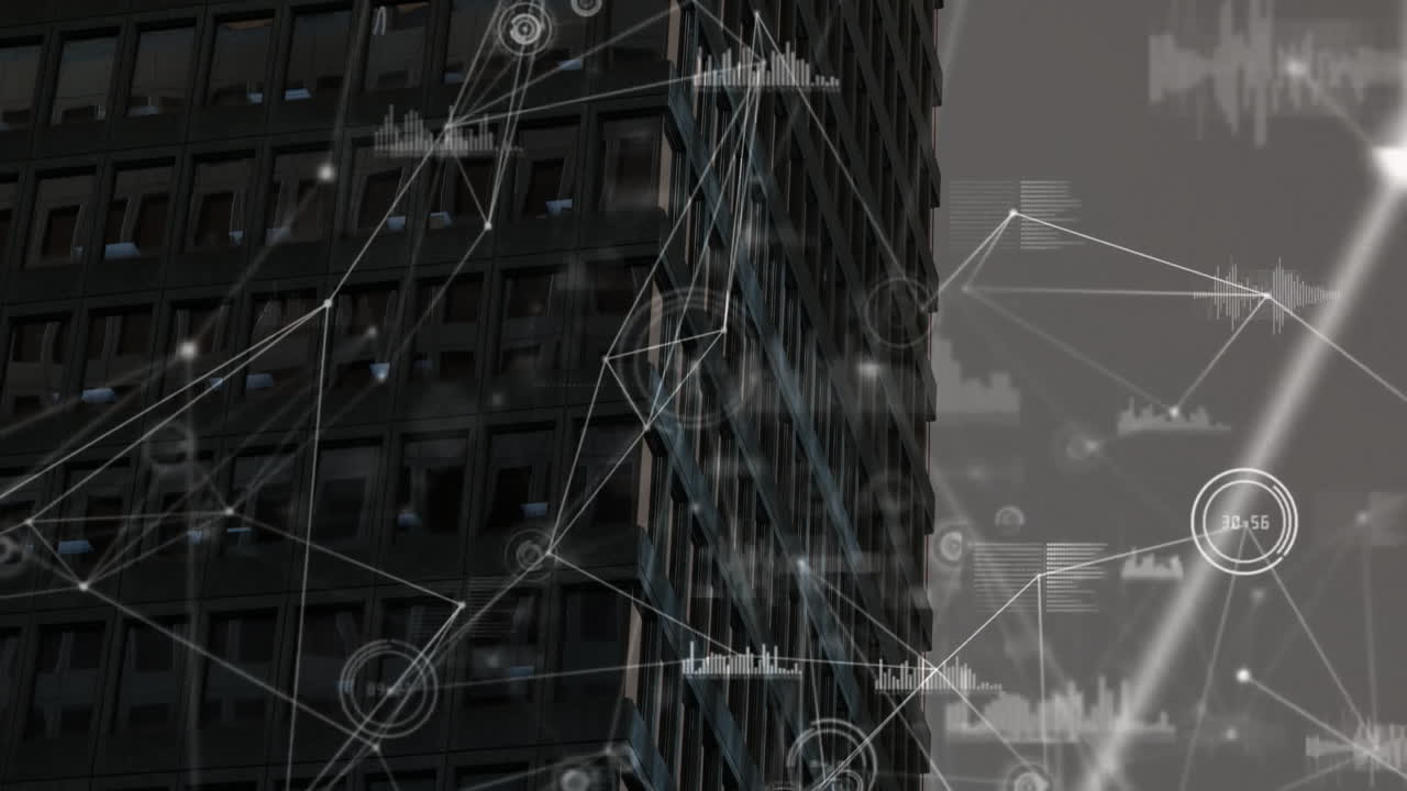 Animation of connected graph and number icons over modern building in city