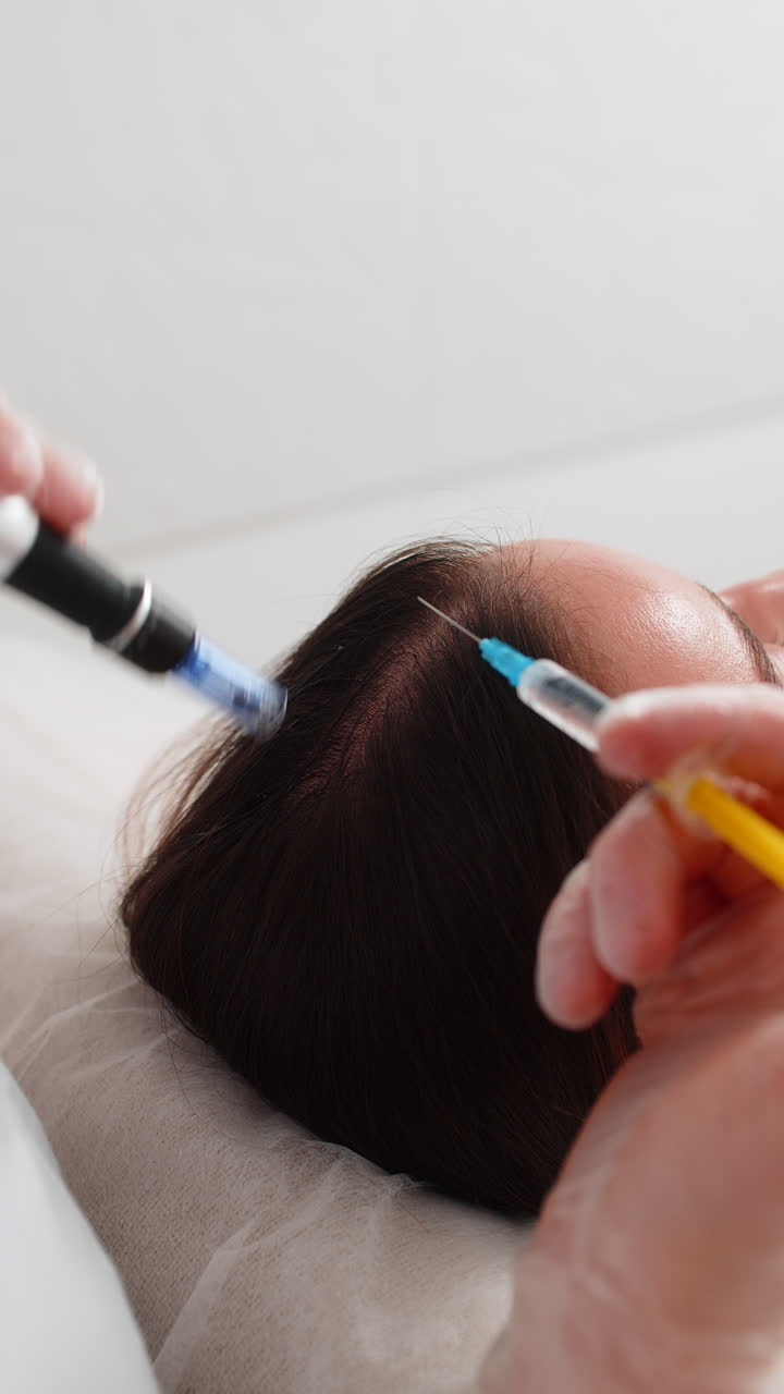 Woman scalp microneedling and injection treatment for hair growth stimulation in trichology clinic