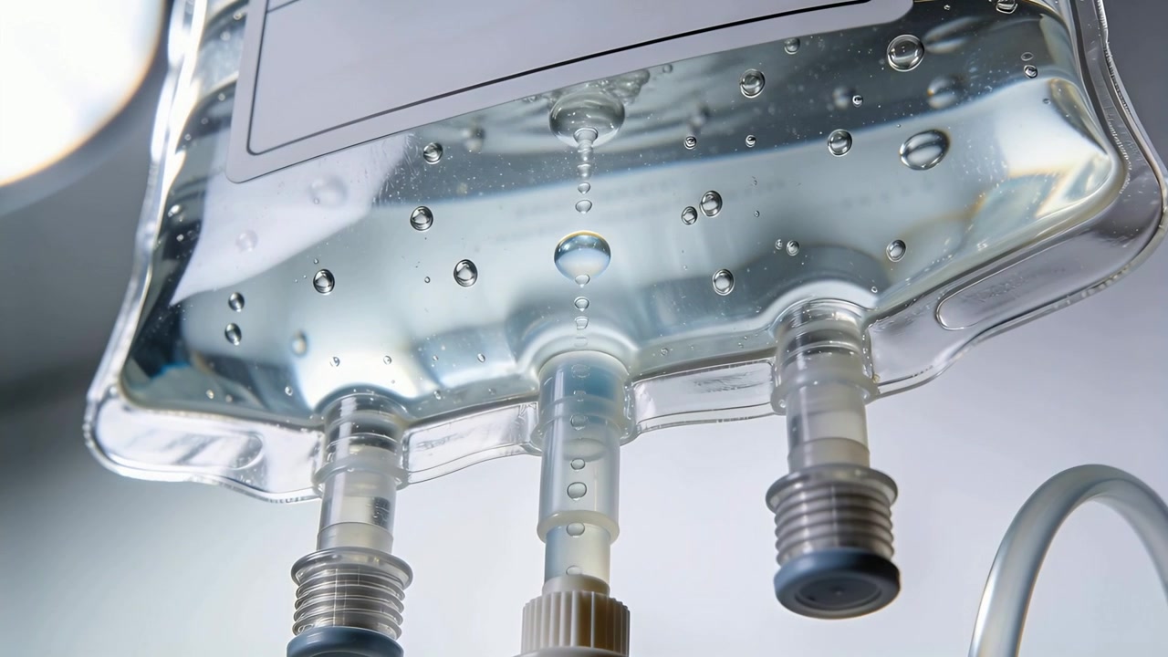 Sacca per flebo sterile che forma una goccia e gocciola in una camera di gocciolamento trasparente in clinica, somministrando liquidi al paziente.