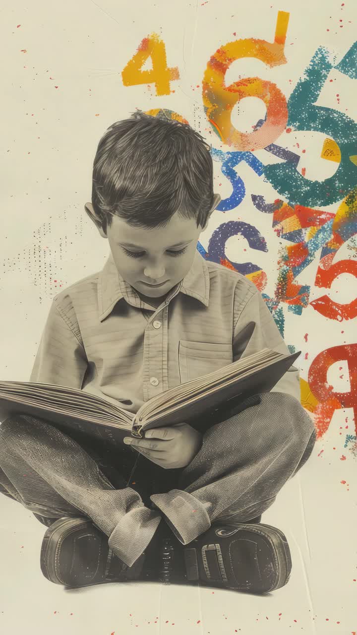A child reads a book, surrounded by colorful numbers. The video-style image uses a low angle