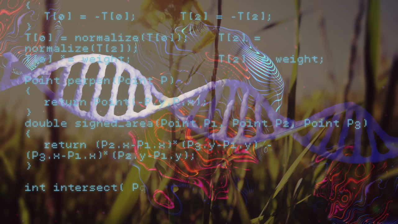 Animating DNA strand and programming code over green grass background