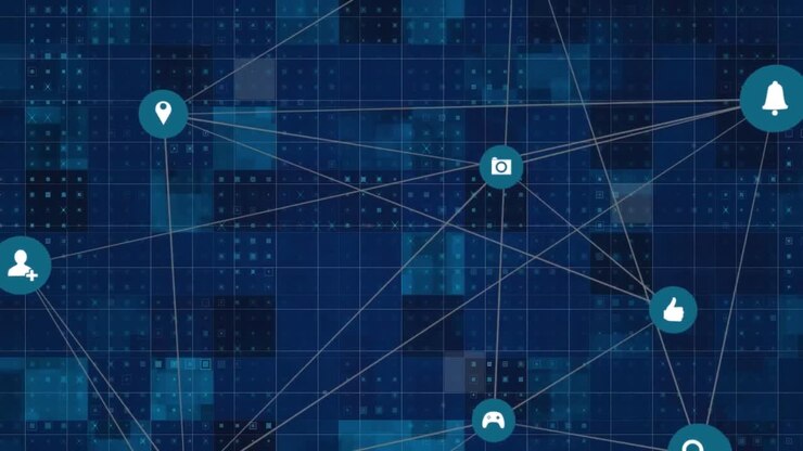 Digital animation of network of connections icons moving against mosaic squares on blue background