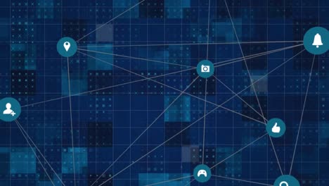 digital animation of network of connections icons moving against mosaic squares on blue background