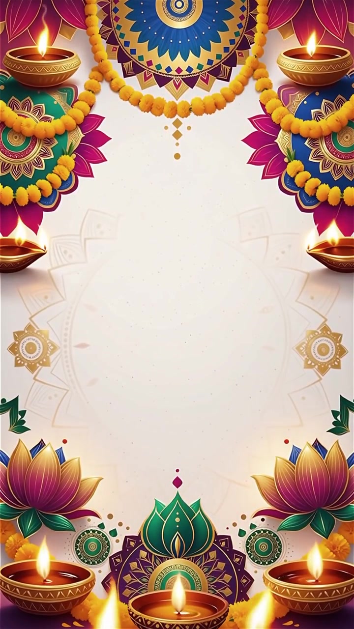 Sfondo Diwali con Diyas luminosi, Rangoli e fiori di loto