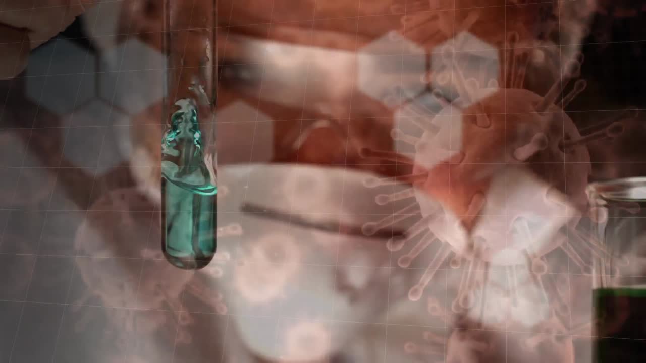 화학 화합물의 구조적 공식이 이동하고 코로나 19가 과학자 작업에 퍼지고 있습니다.