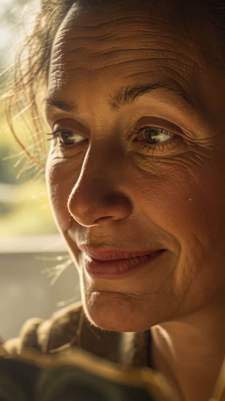 Vertical video: Listening to offscreen voice, woman in earthy top, seatbelt on, holding gaze in car