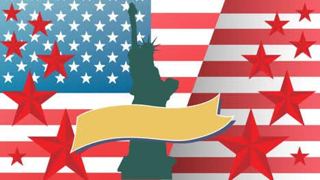 animation of banner with copy space over statue of liberty and american flag