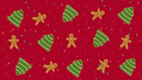 traditional christmas pattern with christmas trees, gingerbread men moving against red background