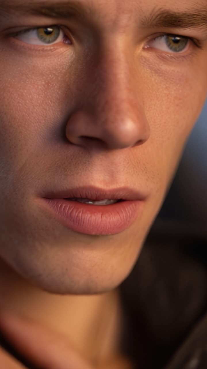 Studio ravvicinato delle espressioni facciali e delle emozioni di un giovane uomo con illuminazione soffusa: esplorando la complessità dei tratti umani attraverso la fotografia