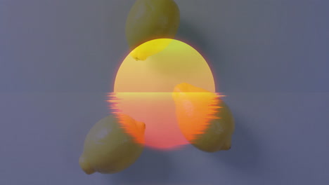 vibrant sunset reflection animation with lemons surrounding on white background