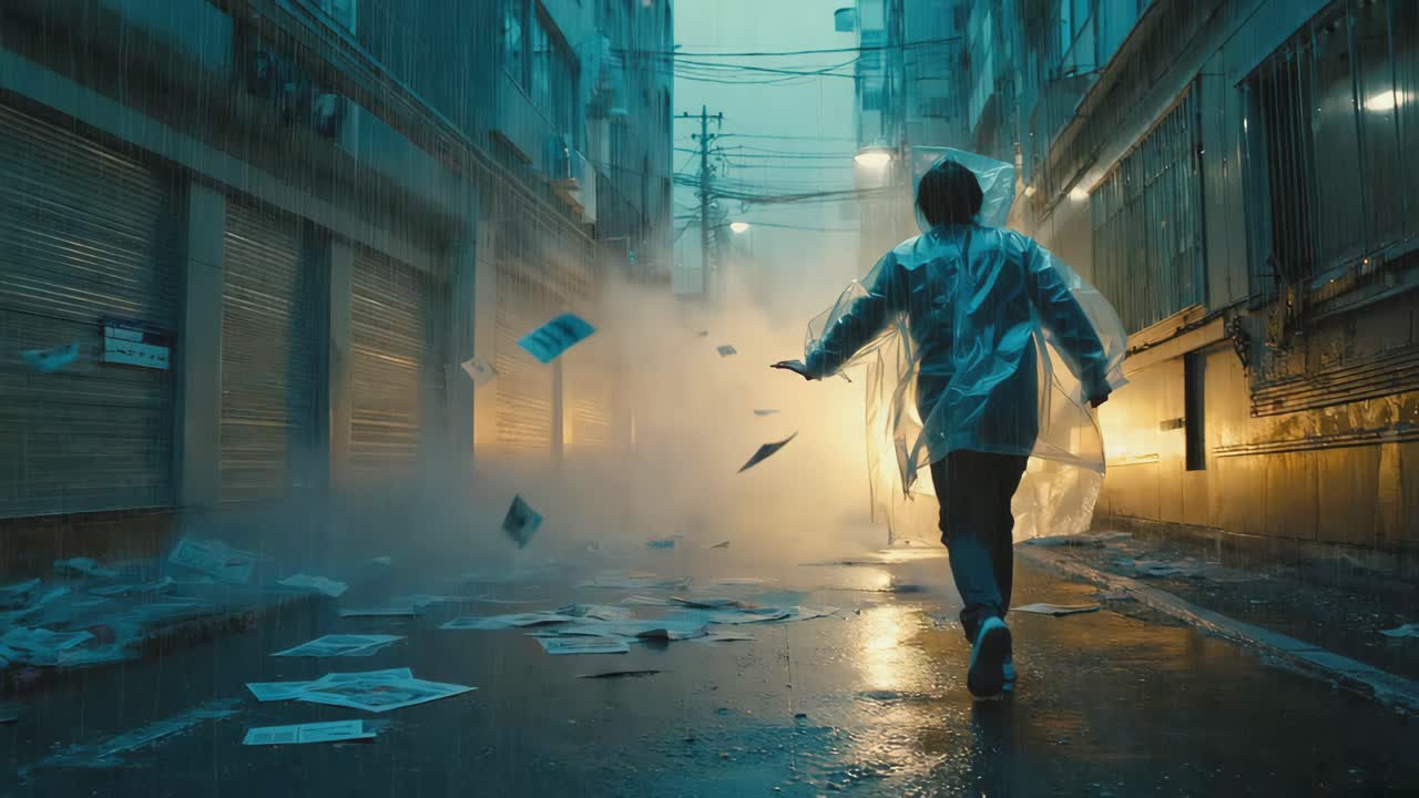 Person walking down a foggy alleyway in the rain