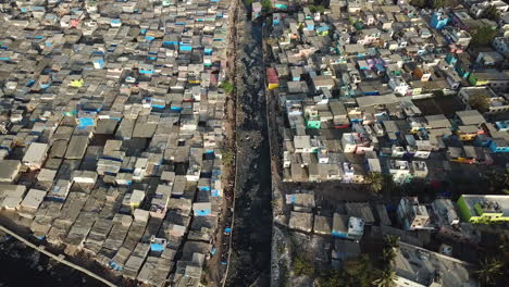 aerial view of dharavi slum and dirty water canal in mumbai india