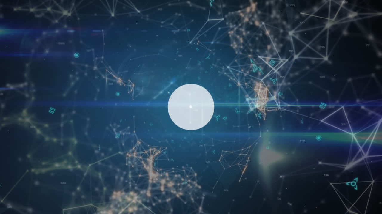 Animation of network of profile icons, network of connections and light trails on blue background