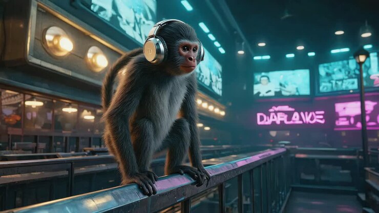 Monkey DJ with Headphones in a Futuristic Bar