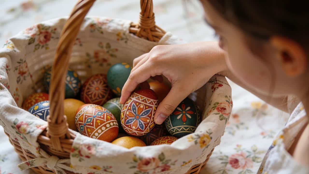 Reaching girl in light top lifting and rotating patterned egg at home inspecting with wicker basket