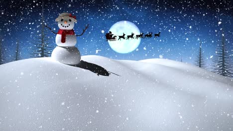 Snow-falling-over-snowwoman-on-winter-landscape-against-moon-in-the-night-sky