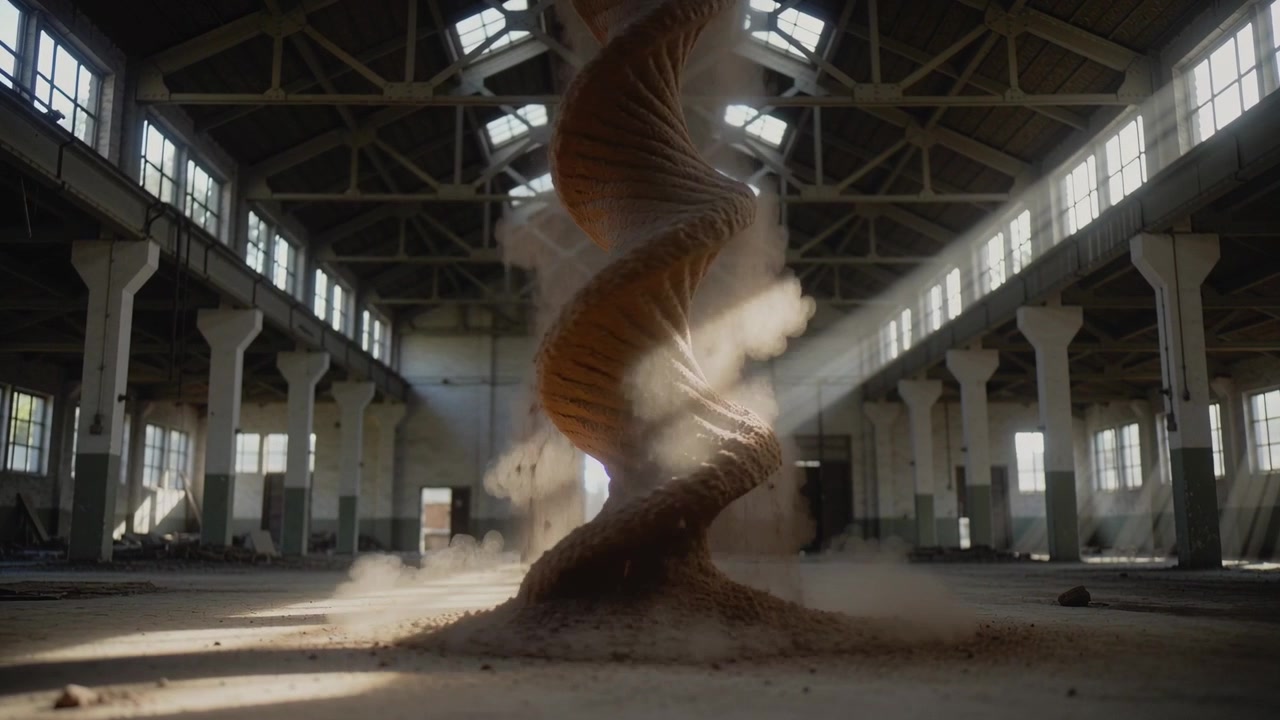 Shifting heap lifting dust vortex rising from concrete floor in warehouse, sunbeams showing spiral