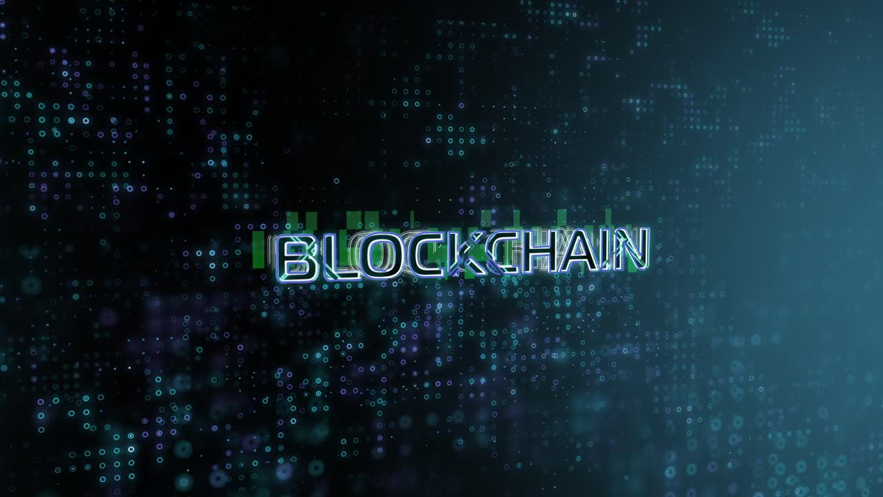 Blockchain Concept Text Reveal Animation with Digital Abstract Technology Background 3D Rendering for Blockchain, Metaverse, Cryptocurrency