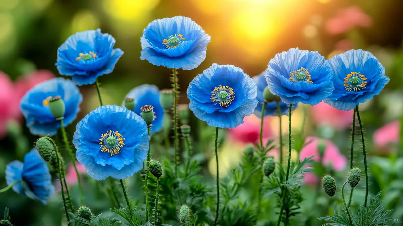Blue poppy flowers blooming in a sunny field. Group of blue Meconopsis poppies with yellow centers in a garden with soft sunlight and green foliage